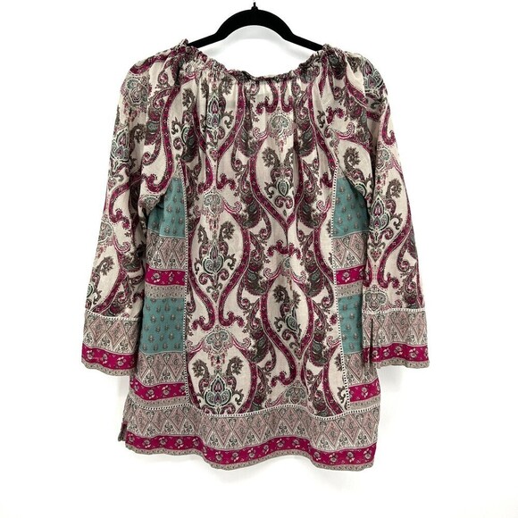 LUCKY BRAND Cream Burgundy Teal Sheer Lightweight Paisley Print Boho Top Medium - Picture 2 of 5